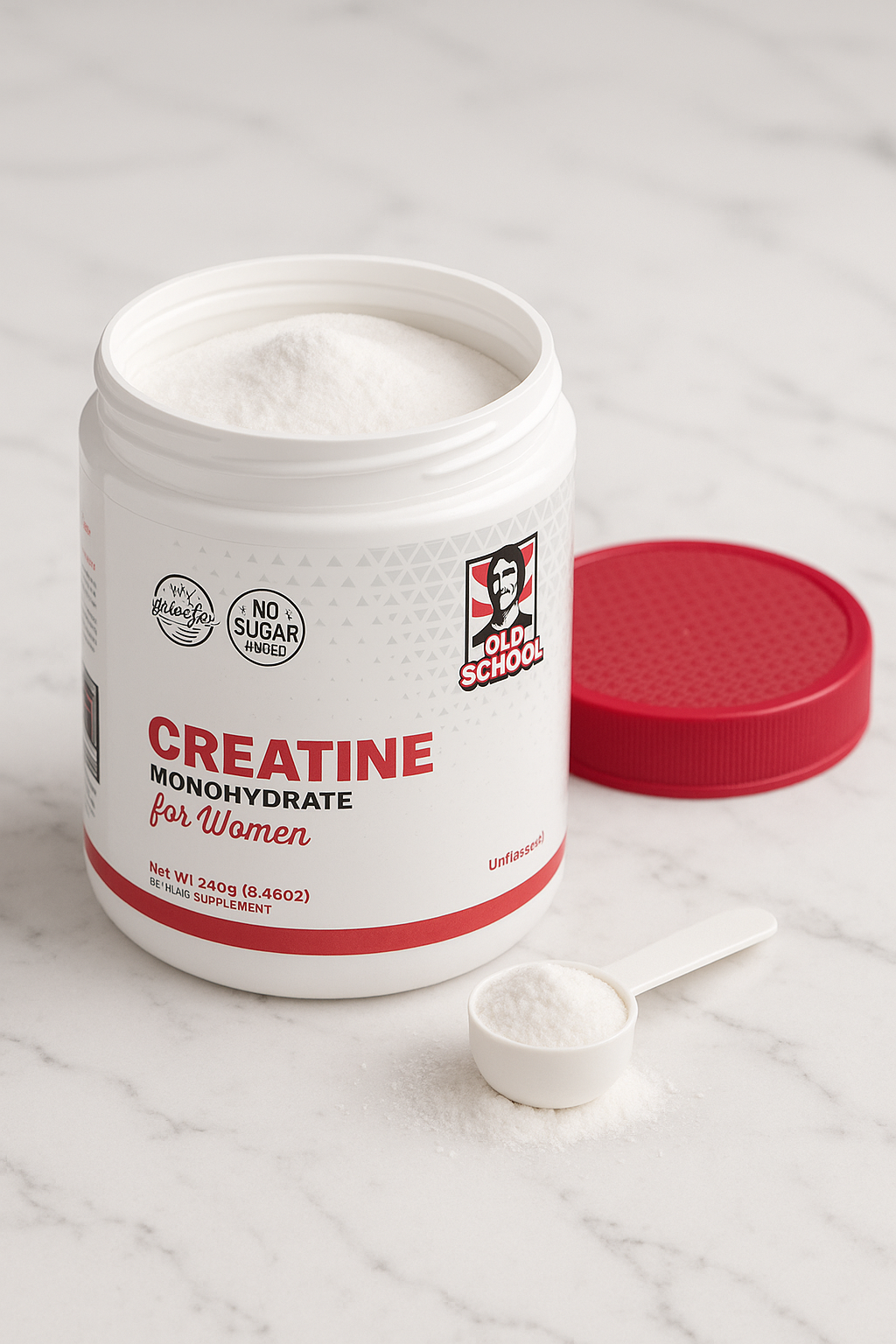 Creatina aberta na mesa de mármore