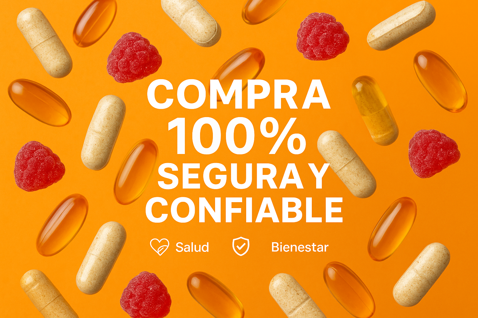Crie uma imagem para pagina inicial de vendas da minha loja da Côlombia, quero o fundo laranja conforme a loja, vários comprimidos naturais e gomas de melatonina soltas pelo ar aleatoriamente, com as escritas em espanhol, lembrando que a compra é 100% segura e confiável