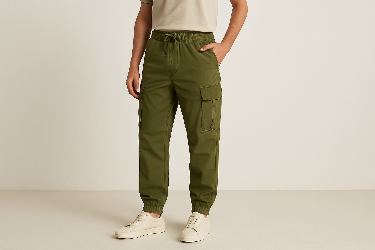 Homem usando calça cargo verde militar com cintura elástica