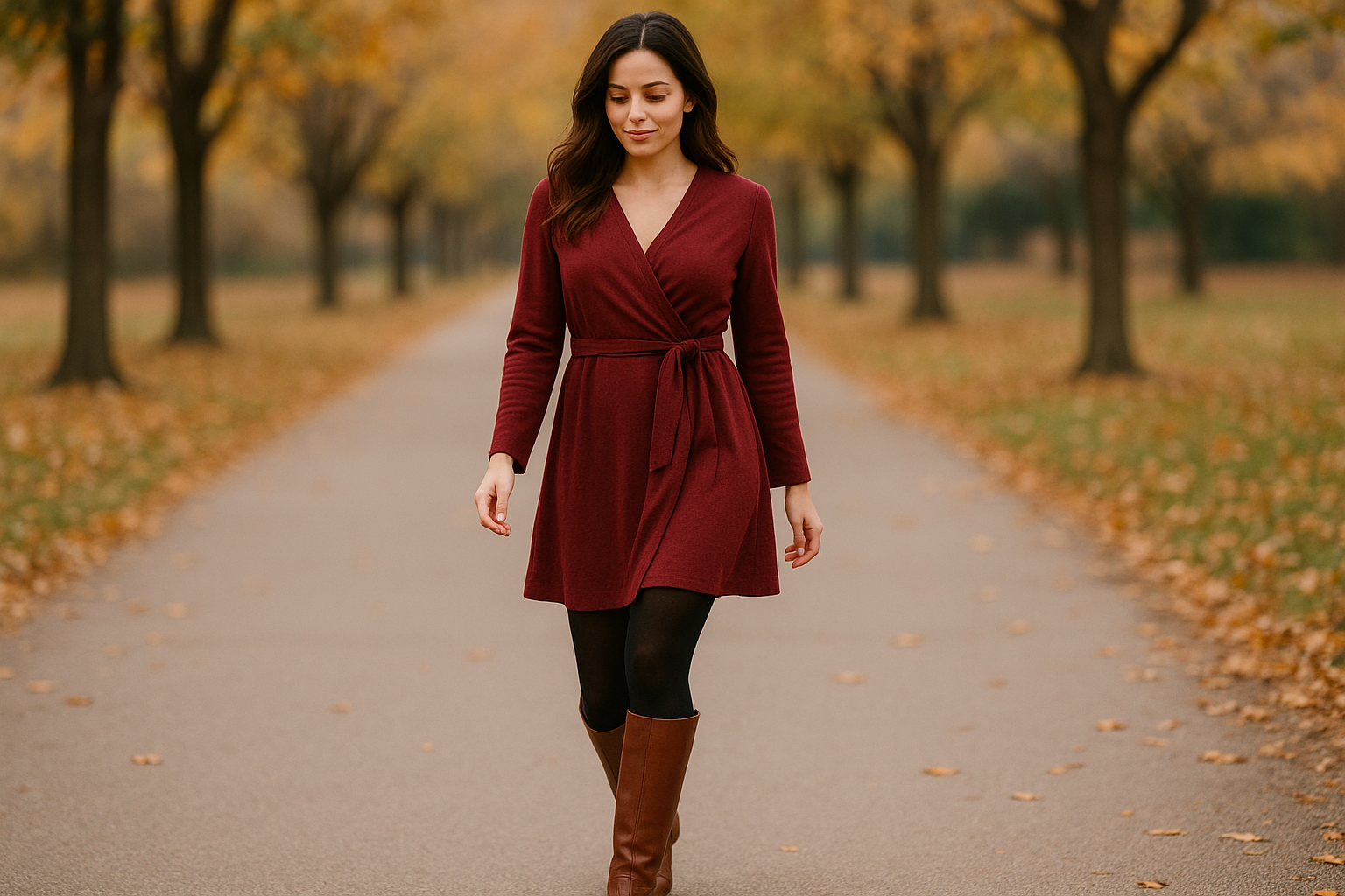 Mulher com vestido burgundy e meia-calça térmica