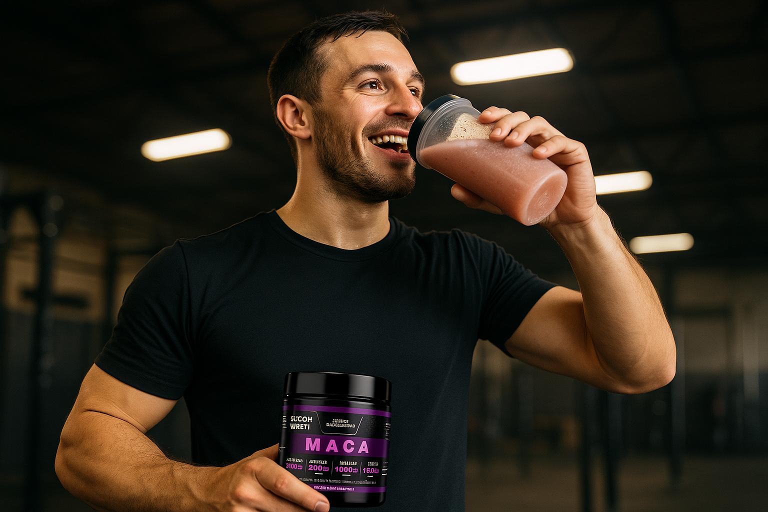 Person in workout clothes consuming Mach Maca