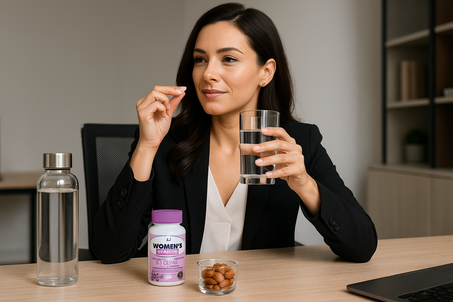 Professional woman taking probiotic at office