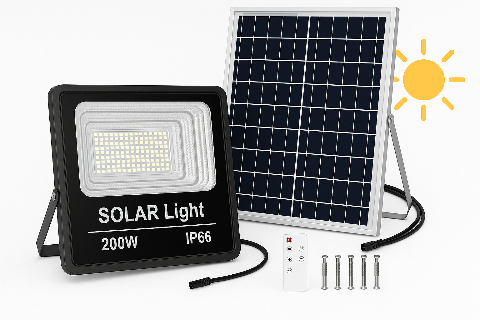 Projetor LED Solar 200W com desenho de sol ao lado