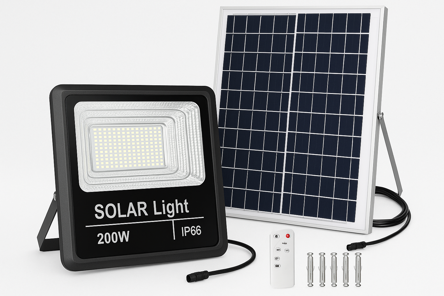 Projetor LED Solar 200W com painel solar e acessórios