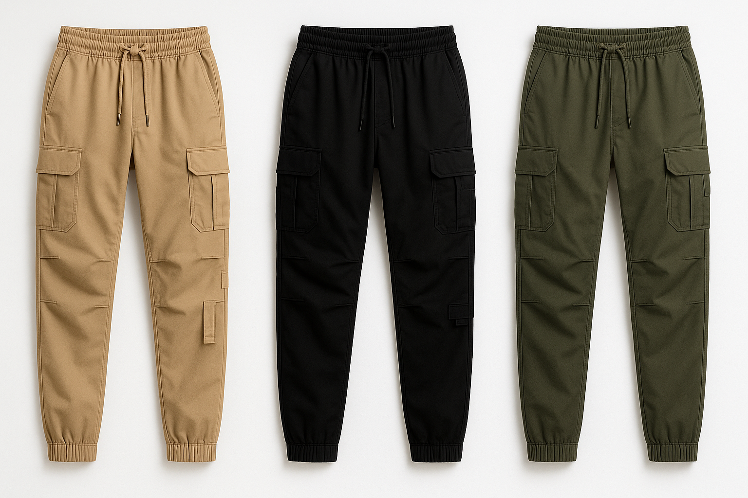 Três calças cargo masculinas com cintura elástica nas cores bege, preto e verde militar