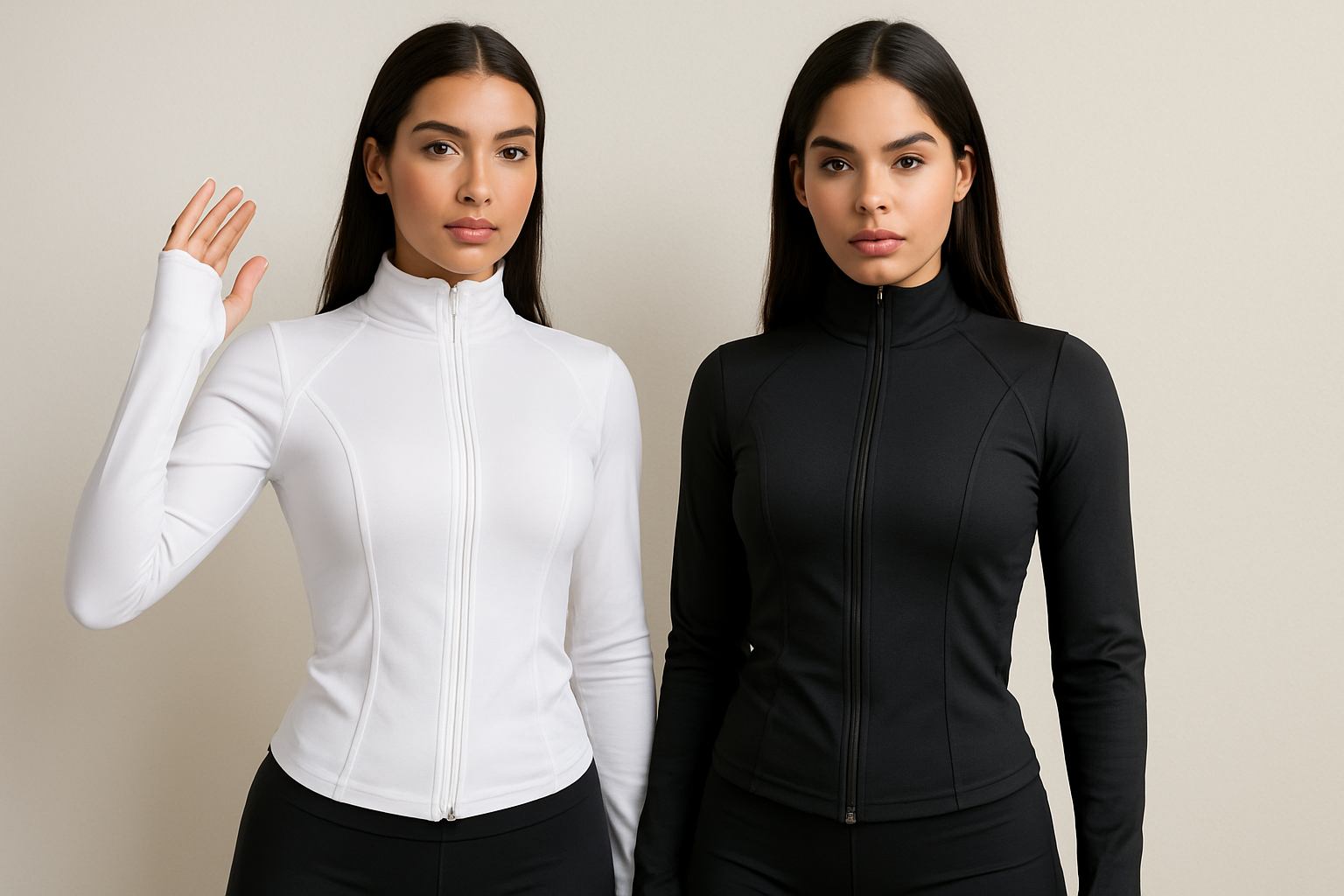 Duas mulheres usando jaquetas modeladoras active - uma branca e uma preta