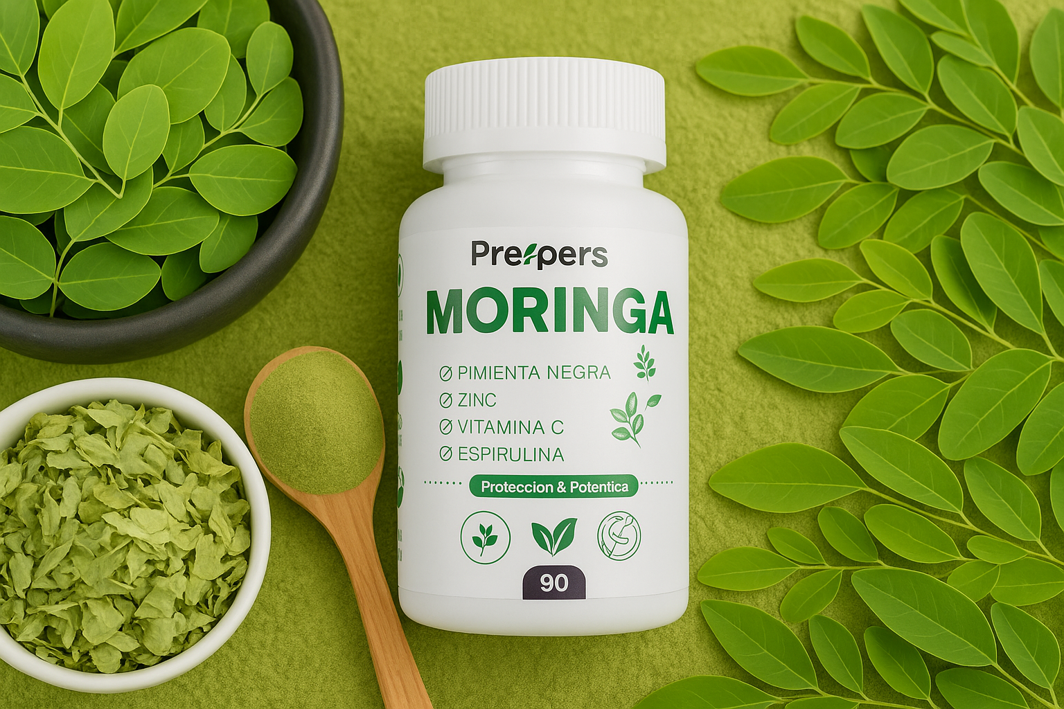 Imagem promocional combinando moringa natural e produto Prepers