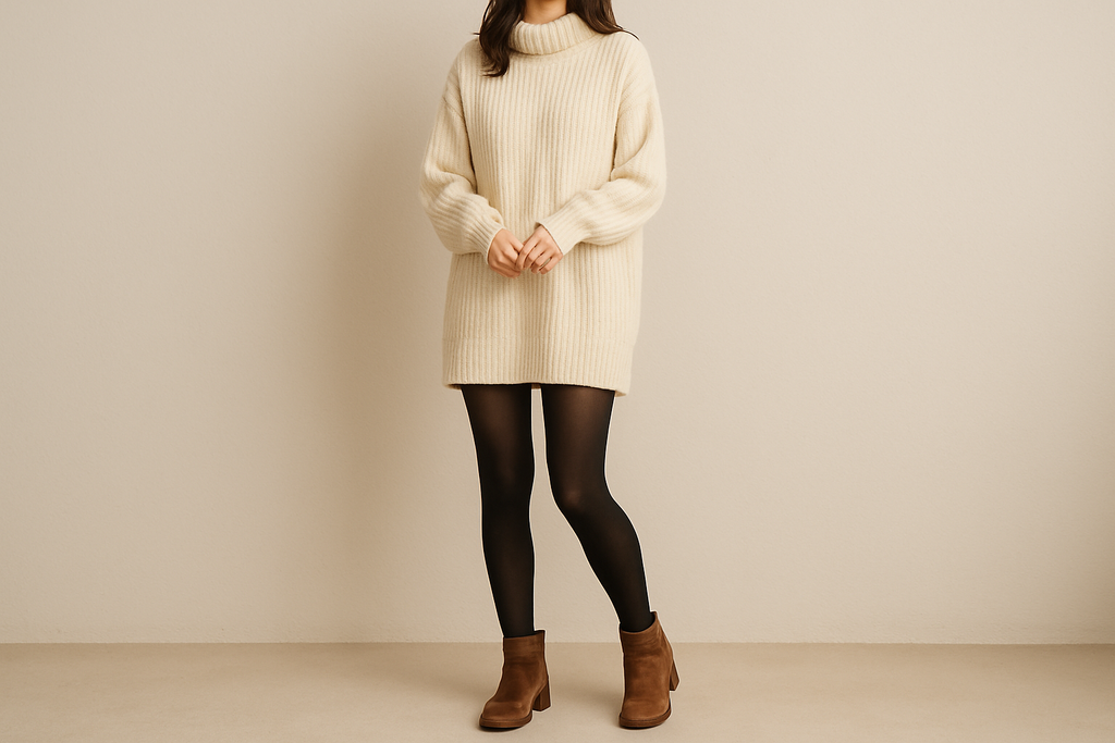 Mulher com vestido suéter e meia-calça térmica